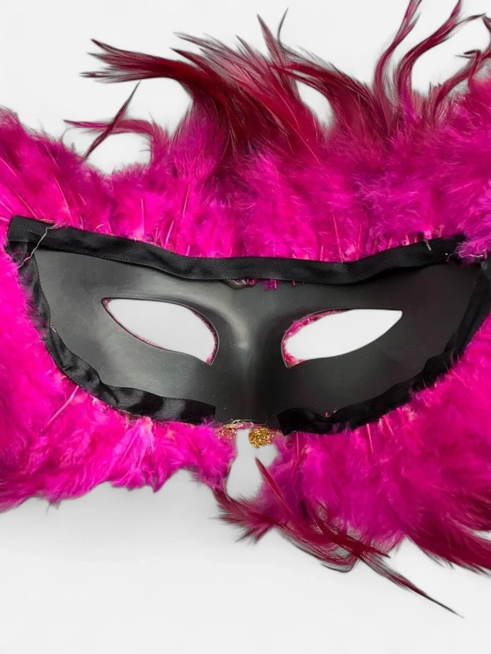 Masquerade Feather Eye Mask - Hot Pink with Gold Trim- Costume